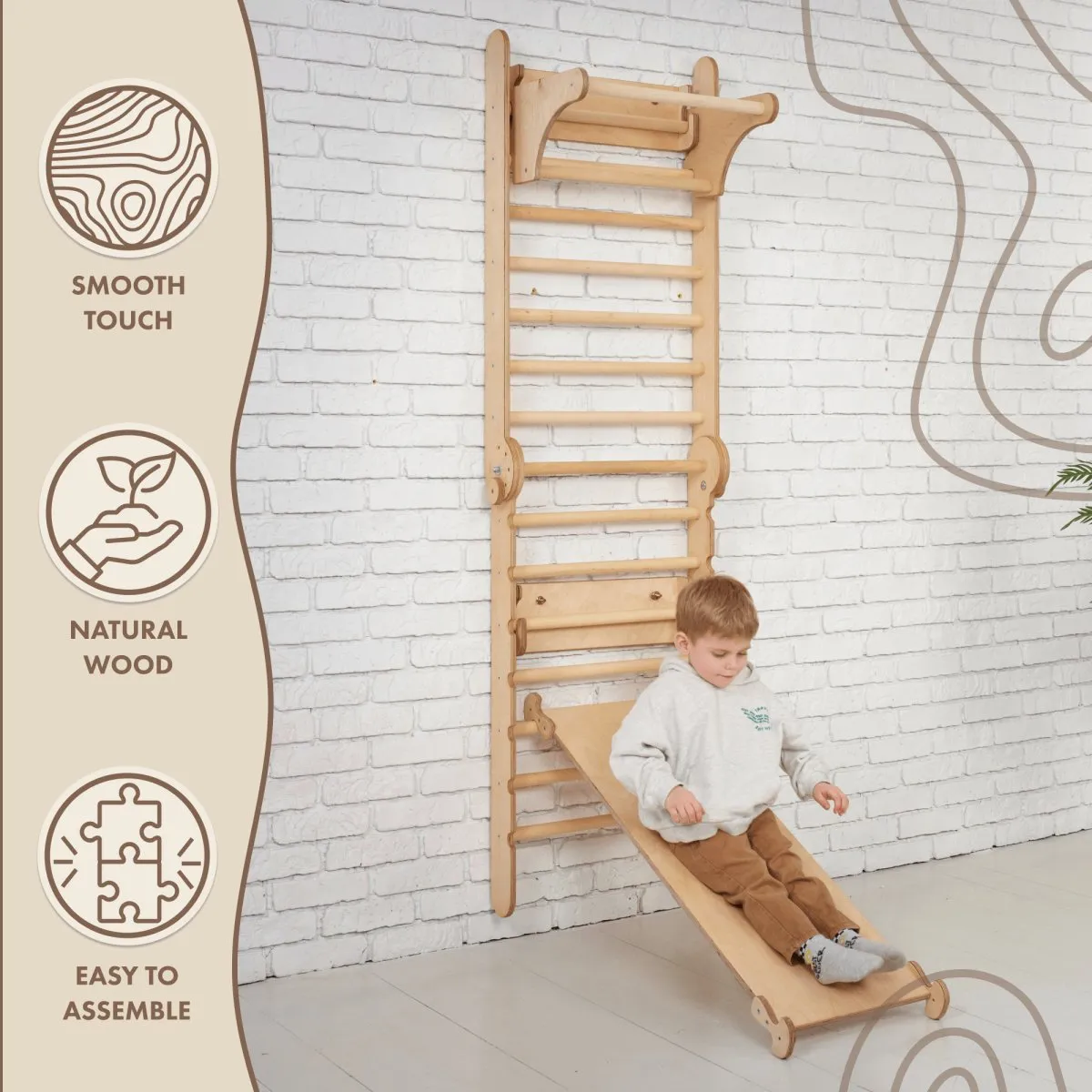 3-in-1: Wooden Swedish Wall Climbing Ladder   Swing Set   Slide Board