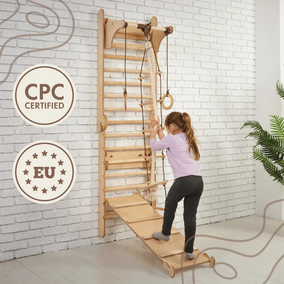 3-in-1: Wooden Swedish Wall Climbing Ladder   Swing Set   Slide Board