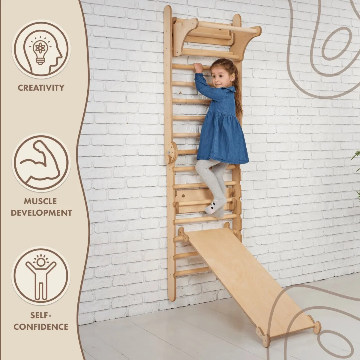 3-in-1: Wooden Swedish Wall Climbing Ladder   Swing Set   Slide Board