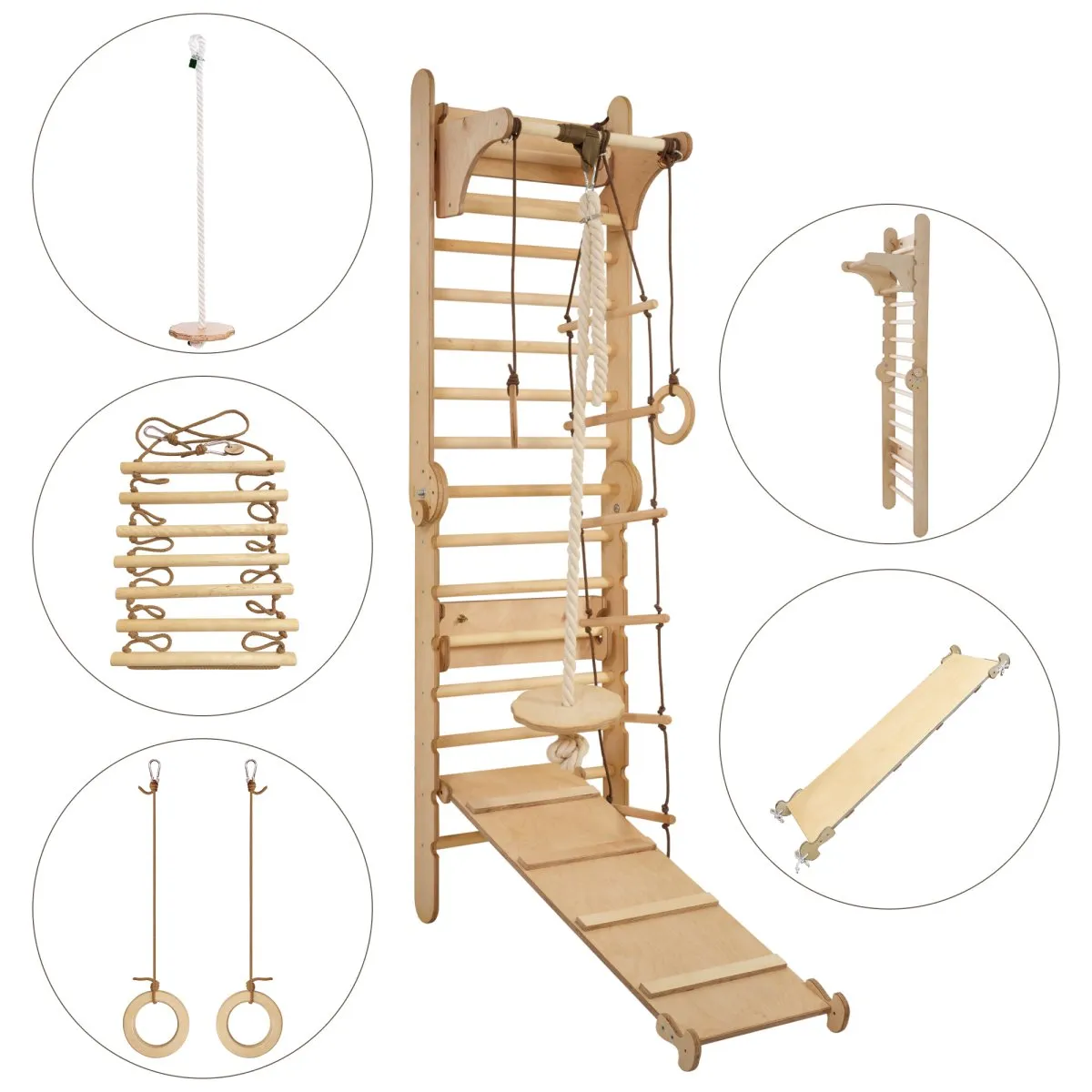 4-in-1 Climbing Set: Swedish Wall   Swing Set   Slide Board   Triangle Ladder