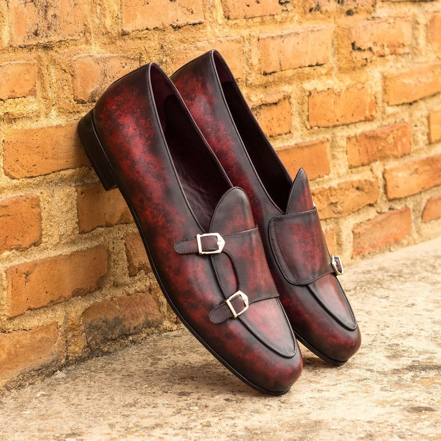 Ambrogio Bespoke Custom Men's Shoes Burgundy Patina Leather Monk-Straps Loafers (AMB1902)