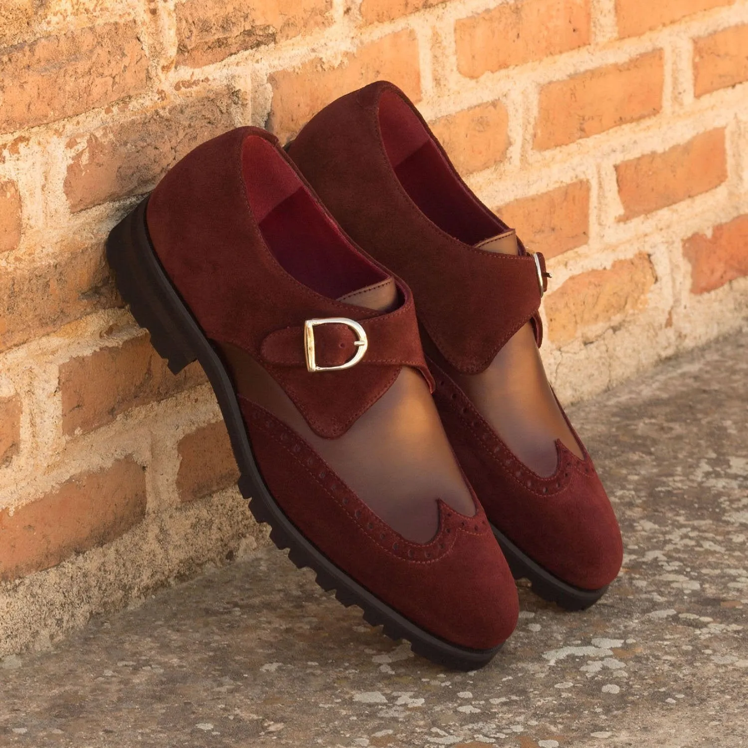 Ambrogio Bespoke Custom Men's Shoes Burgundy Suede / Calf-Skin Leather Monk-Strap Loafers (AMB2114)