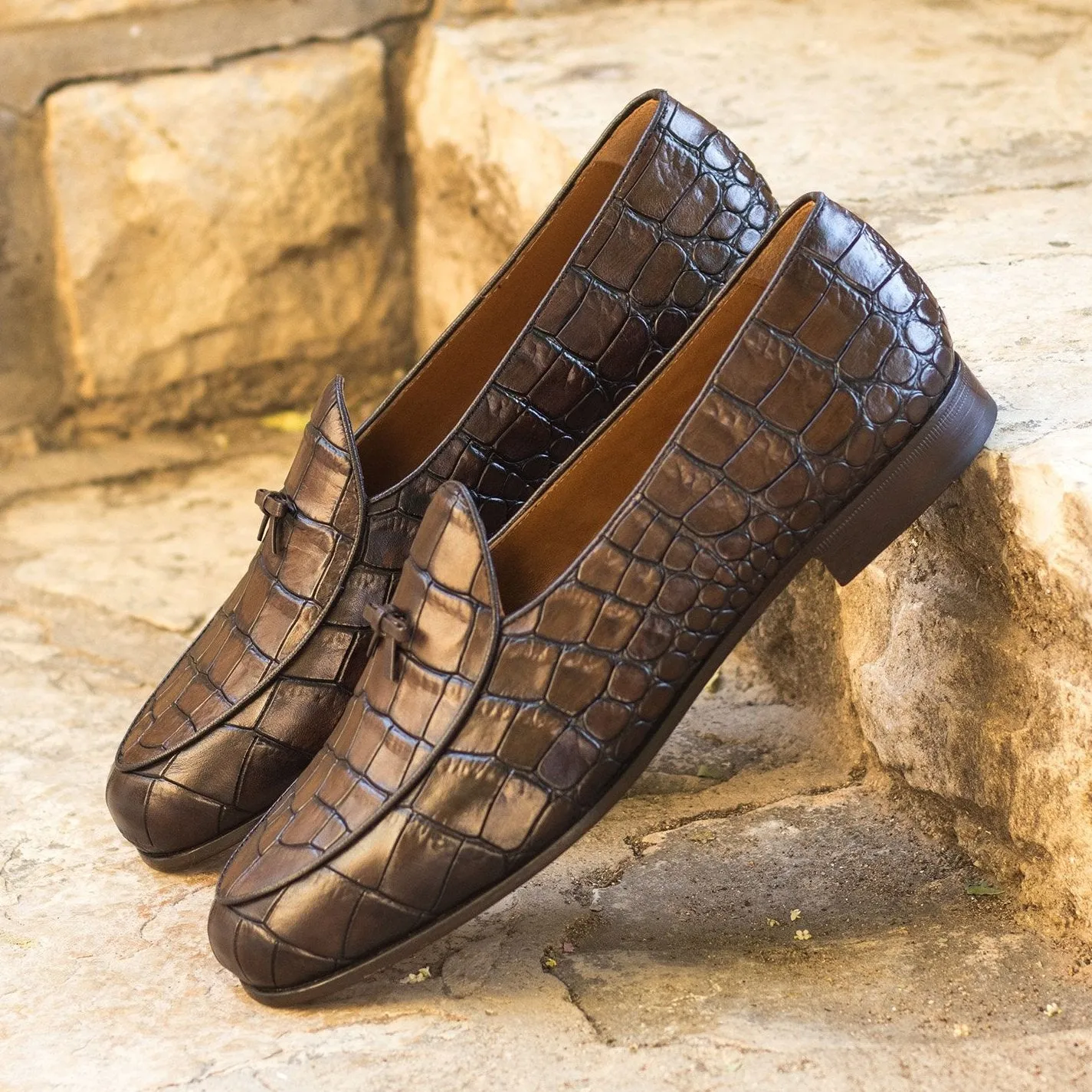 Ambrogio Bespoke Custom Men's Shoes Dark Brown Crocodile Print Leather Belgian Loafers (AMB2221)