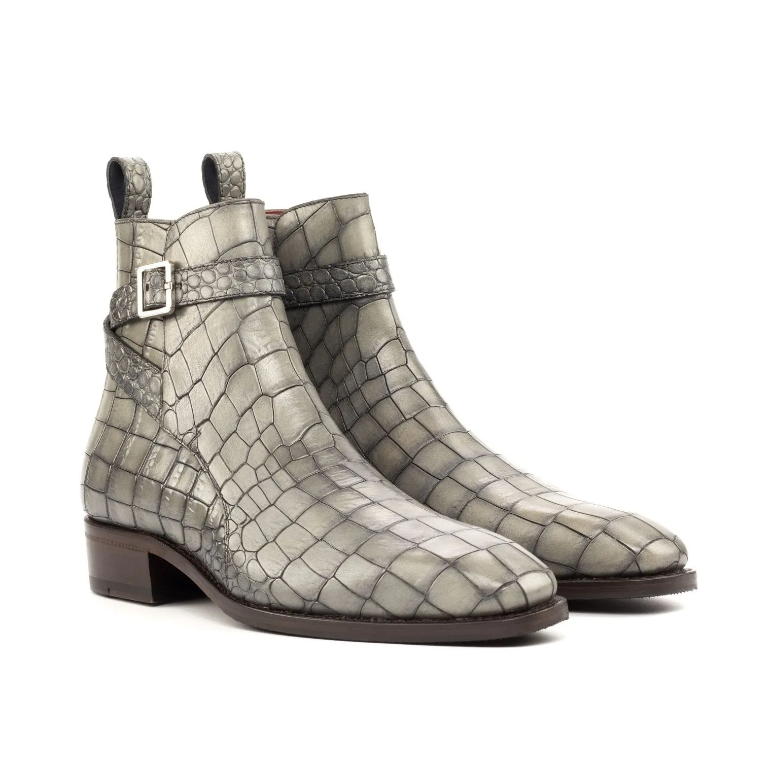 Ambrogio Bespoke Custom Men's Shoes Gray Crocodile Print Leather Jodhpur Boots (AMB2181)