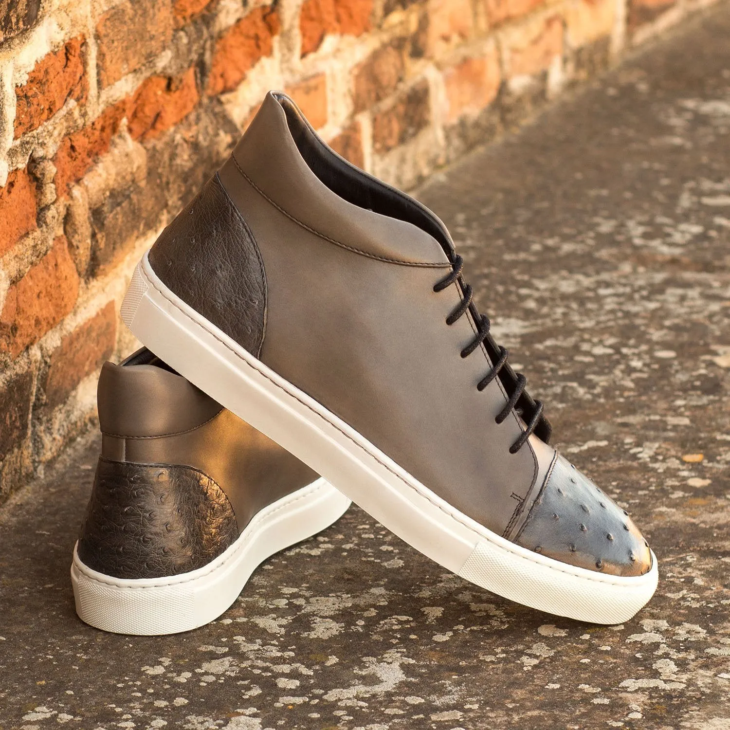 Ambrogio Bespoke Custom Men's Shoes Gray Exotic Ostrich / Calf-Skin Leather Sneakers (AMB1933)