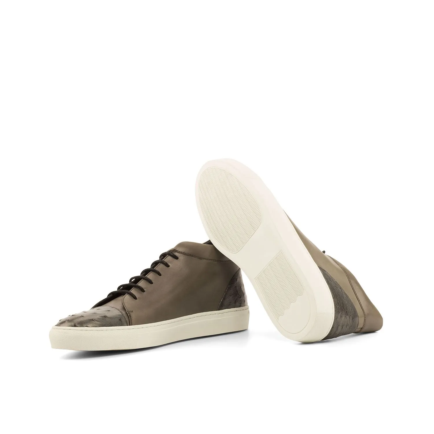 Ambrogio Bespoke Custom Men's Shoes Gray Exotic Ostrich / Calf-Skin Leather Sneakers (AMB1933)