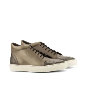 Ambrogio Bespoke Custom Men's Shoes Gray Exotic Ostrich / Calf-Skin Leather Sneakers (AMB1933)