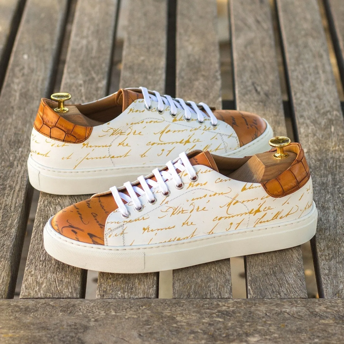 Ambrogio Bespoke Custom Men's Shoes White, Cognac & Brown Crocodile Print / Calf-Skin Leather Stencil Trainer Sneakers (AMB2224)