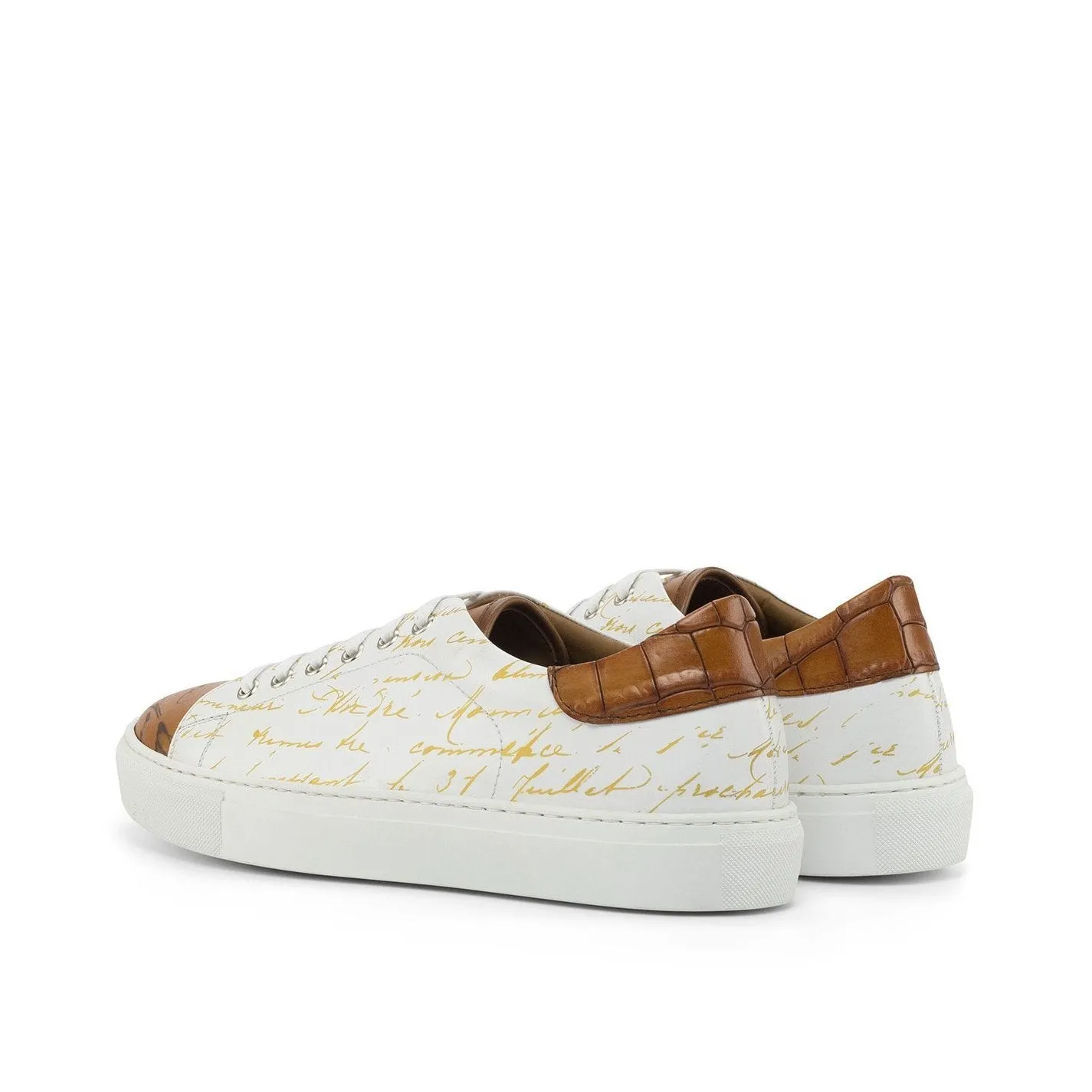 Ambrogio Bespoke Custom Men's Shoes White, Cognac & Brown Crocodile Print / Calf-Skin Leather Stencil Trainer Sneakers (AMB2224)