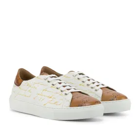 Ambrogio Bespoke Custom Men's Shoes White, Cognac & Brown Crocodile Print / Calf-Skin Leather Stencil Trainer Sneakers (AMB2224)