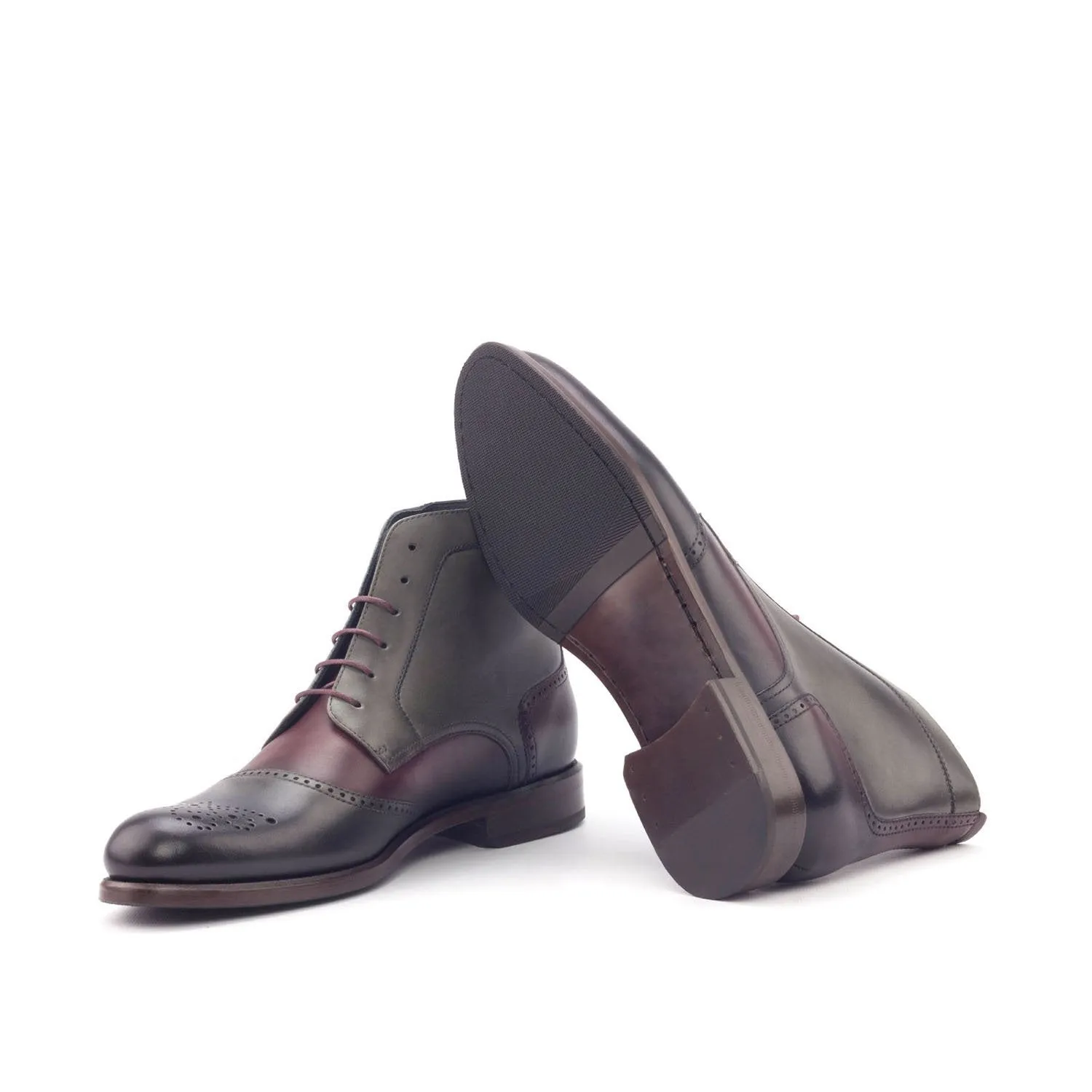 Ambrogio Bespoke Custom Women's Custom Made Shoes Burgundy & Gray Calf-Skin Leather Brogue Boots (AMBW1039)