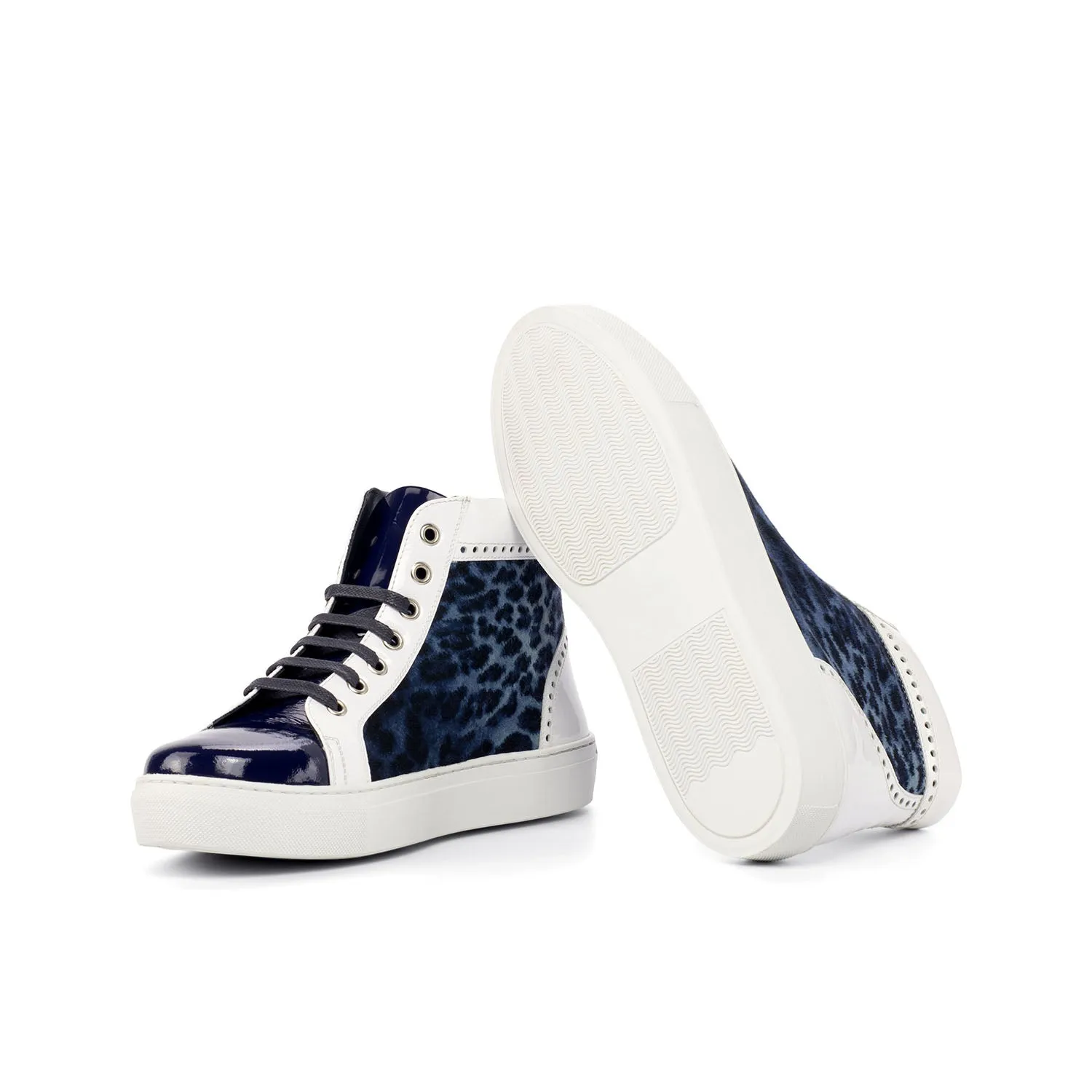 Ambrogio Bespoke Custom Women's Custom Made Shoes White & Blue Fabric / Patent Leather High-Top Sneakers (AMBW1050)