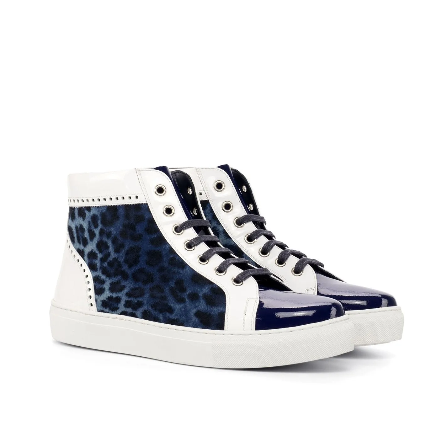 Ambrogio Bespoke Custom Women's Custom Made Shoes White & Blue Fabric / Patent Leather High-Top Sneakers (AMBW1050)