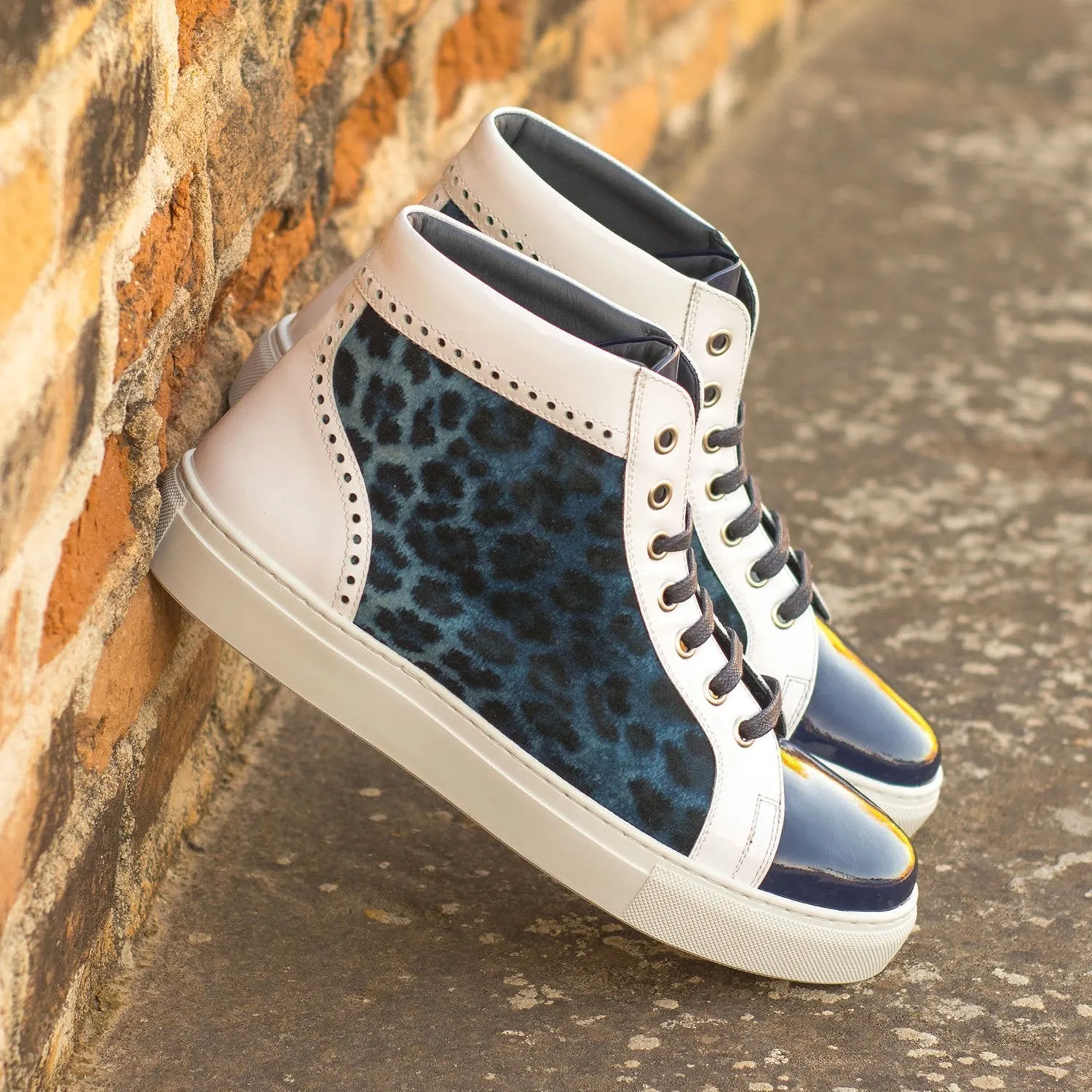 Ambrogio Bespoke Custom Women's Custom Made Shoes White & Blue Fabric / Patent Leather High-Top Sneakers (AMBW1050)