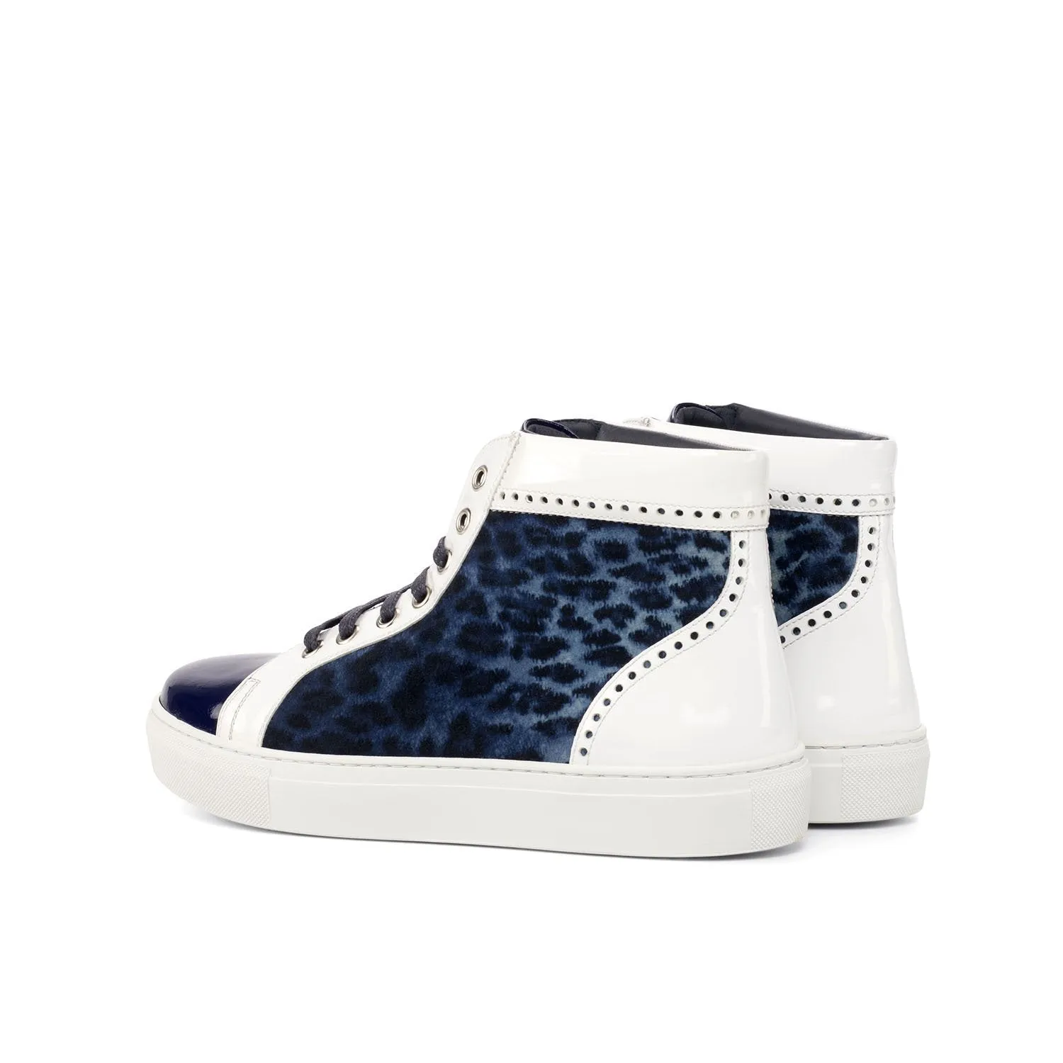 Ambrogio Bespoke Custom Women's Custom Made Shoes White & Blue Fabric / Patent Leather High-Top Sneakers (AMBW1050)