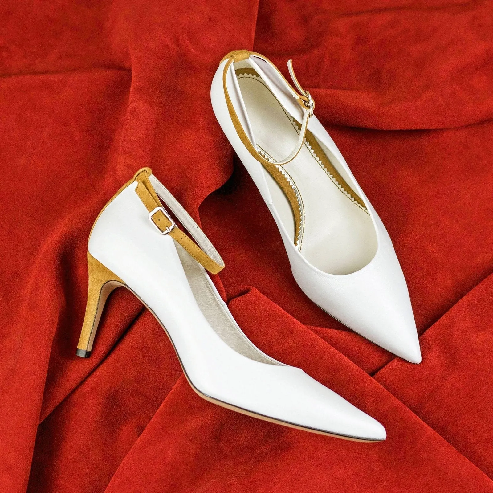 Ambrogio Bespoke Custom Women's Shoes White & Sand Dessert Nappa Kaiser / Italian Suede Leather Florence Pumps (AMBW1120)