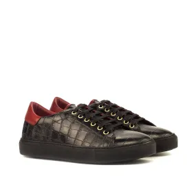 Ambrogio Bespoke Men's Handmade Custom Made Shoes Black & Red Crocodile Print / Calf-Skin Leather Casual Trainer Sneakers (AMB1257)