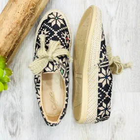 Black and Beige Shapes Burlap Artisan Sneakers - Women Shoes