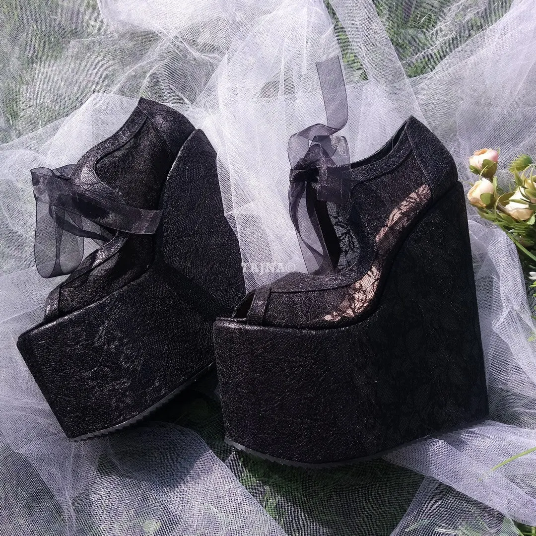 Black Lace Elegant High Heel Wedding Shoes Wedges