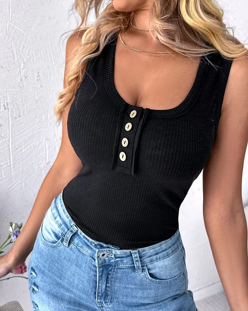 Button Down Scoop Neck Summer Casual Basics Tank Top