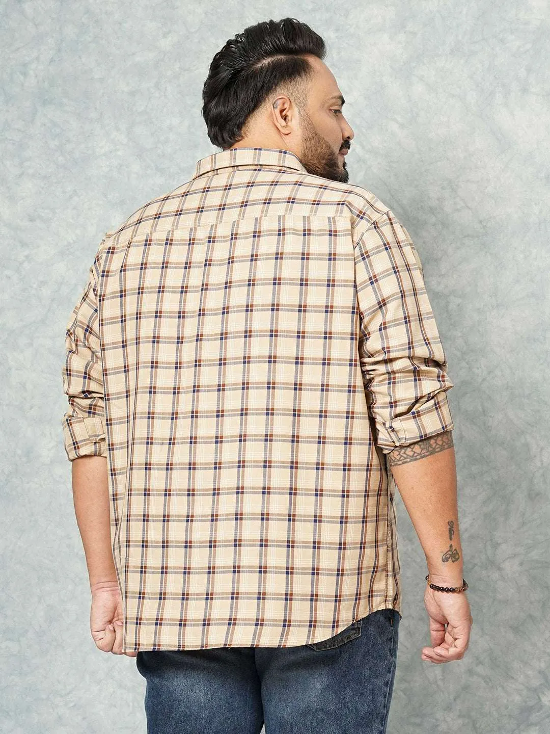 Hardsoda Men Cream Plus Size Checked Casual Shirt