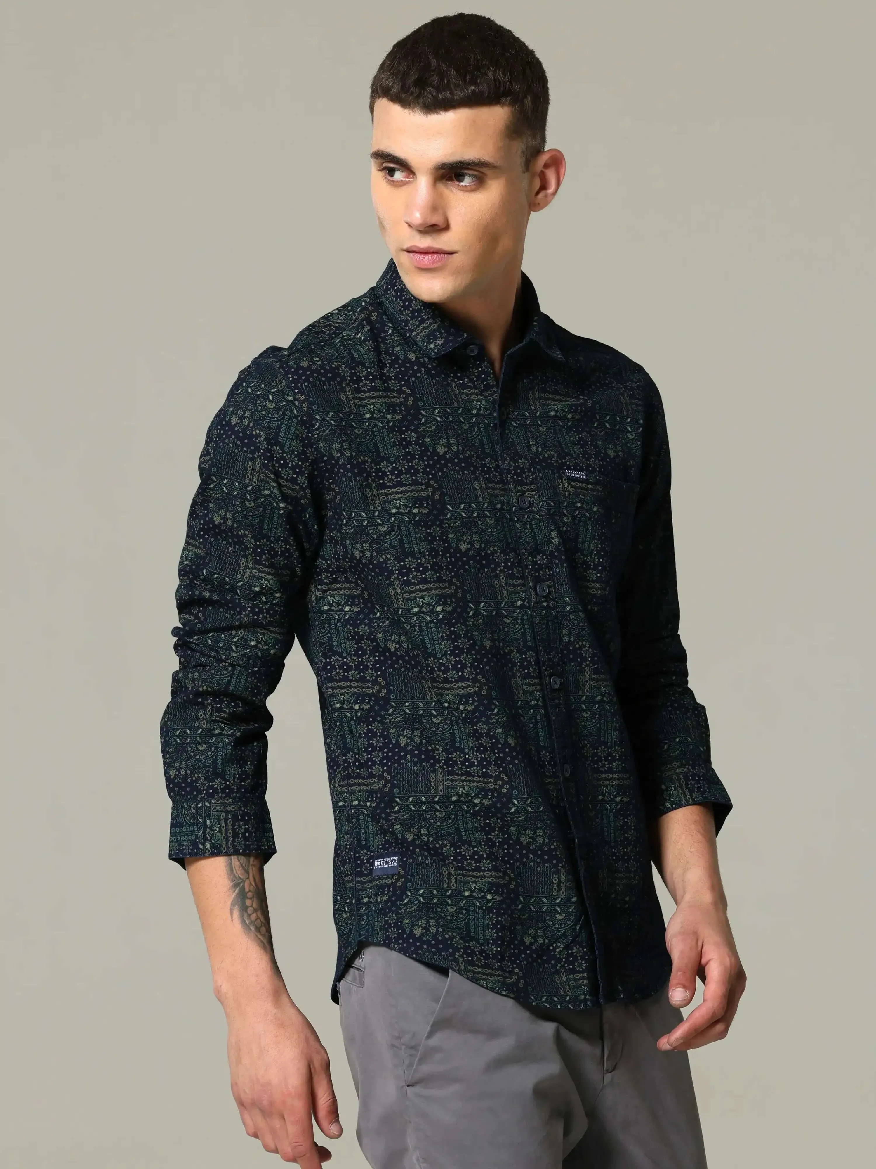 Indigo green floral printed full sleeve casual shirt