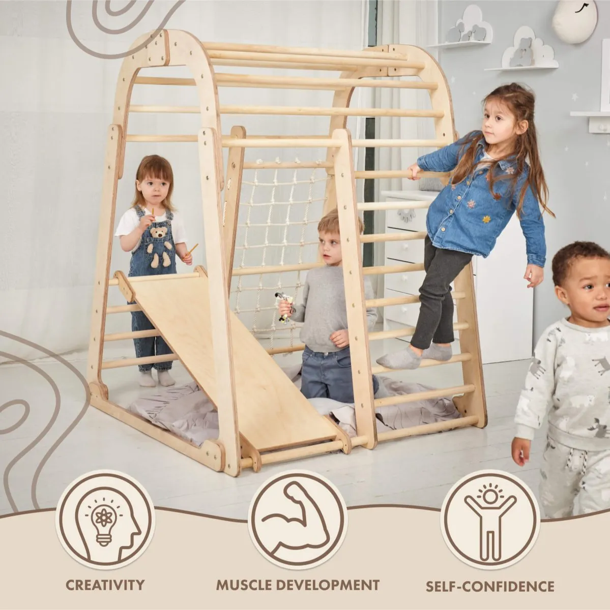 Indoor Wooden 6-in-1 Playground   Swings Set   Slide Board