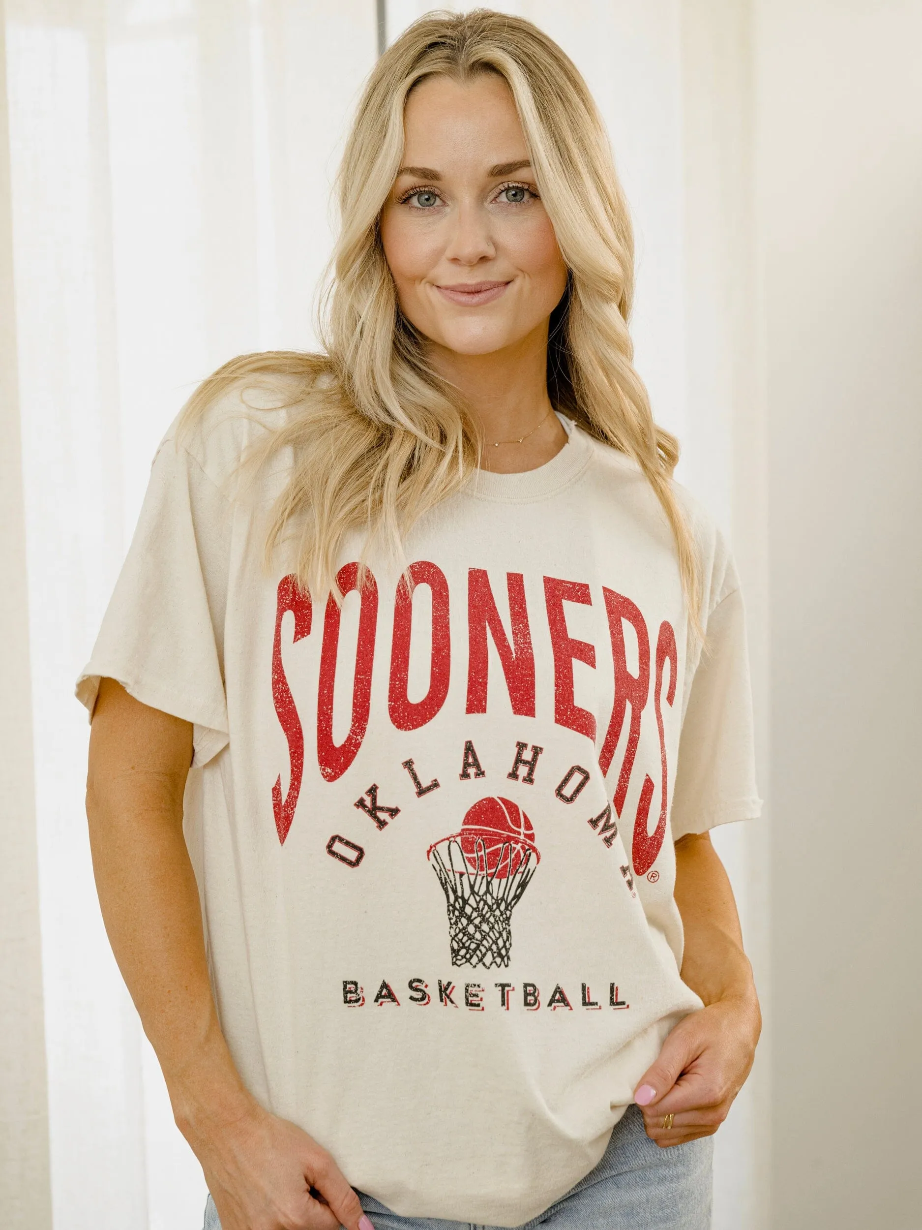 OU Sooners Basketball Athletics Off White Thrifted Tee